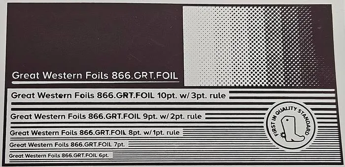 Great Western 417 foil stamped on a test card showing fine-line rules and a halftone ramp