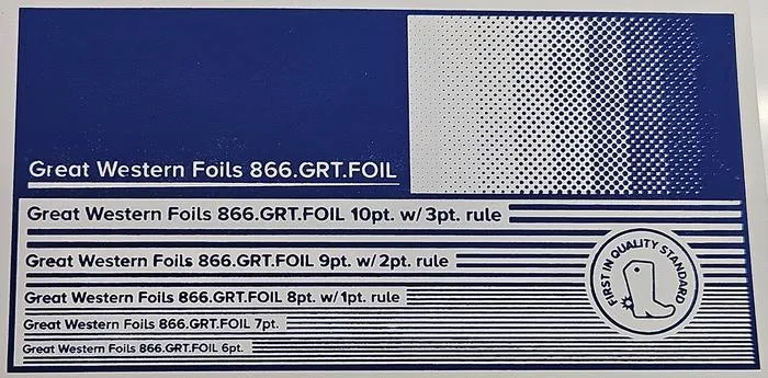 Great Western 420 foil stamped on a test card showing fine-line rules and a halftone ramp
