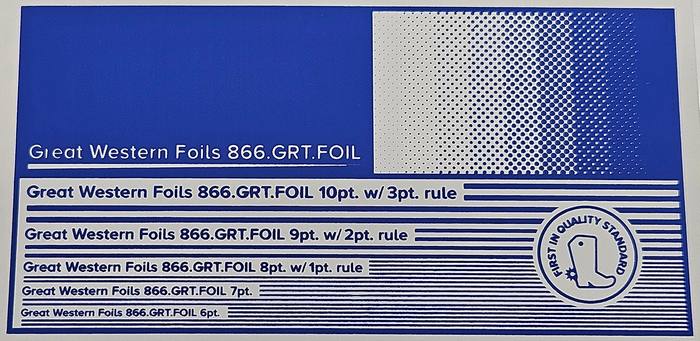 Great Western 421 foil stamped on a test card showing fine-line rules and a halftone ramp