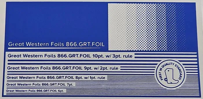 Great Western 421 foil stamped on a test card showing fine-line rules and a halftone ramp