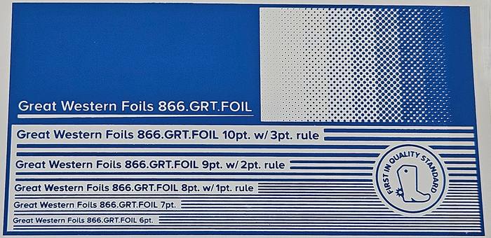 Great Western 422 foil stamped on a test card showing fine-line rules and a halftone ramp