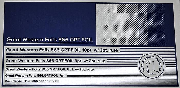 Great Western 425 foil stamped on a test card showing fine-line rules and a halftone ramp