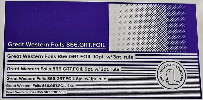 Great Western 427 foil stamped on a test card showing fine-line rules and a halftone ramp