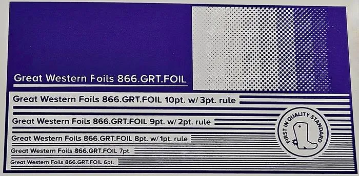 Great Western 427 foil stamped on a test card showing fine-line rules and a halftone ramp