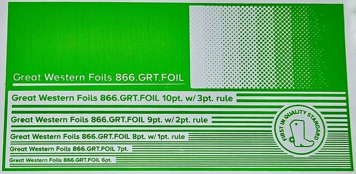 Great Western 4739 foil stamped on a test card showing fine-line rules and a halftone ramp