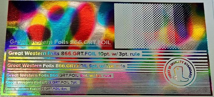 Great Western 810 foil stamped on a test card showing fine-line rules and a halftone ramp