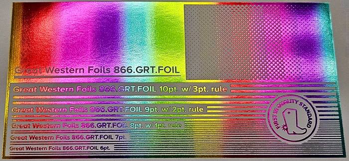 Great Western 820 foil stamped on a test card showing fine-line rules and a halftone ramp