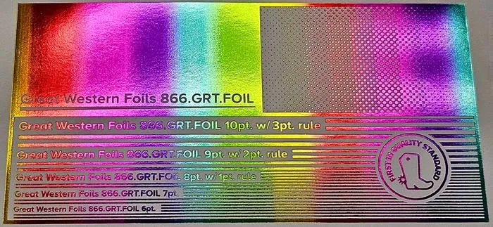 Great Western 820 foil stamped on a test card showing fine-line rules and a halftone ramp