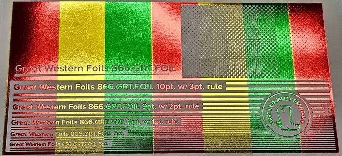 Great Western 821 foil stamped on a test card showing fine-line rules and a halftone ramp