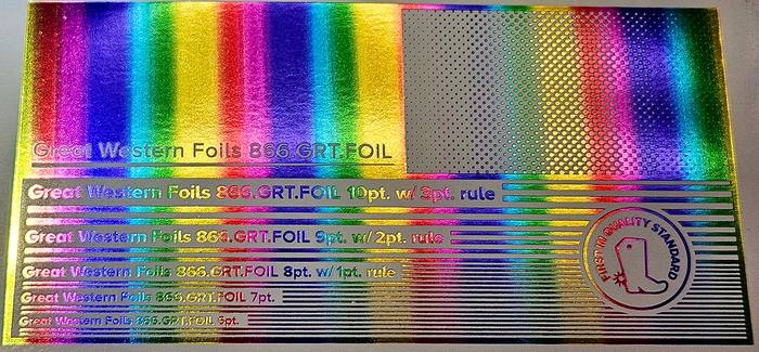 Great Western 825 foil stamped on a test card showing fine-line rules and a halftone ramp