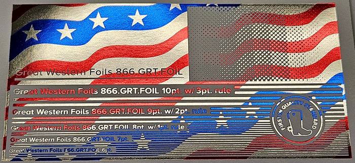 Great Western 840 foil stamped on a test card showing fine-line rules and a halftone ramp
