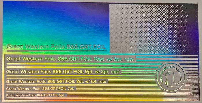 Great Western 910 foil stamped on a test card showing fine-line rules and a halftone ramp
