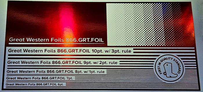 Great Western 915 foil stamped on a test card showing fine-line rules and a halftone ramp