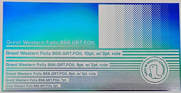 Great Western 916 foil stamped on a test card showing fine-line rules and a halftone ramp