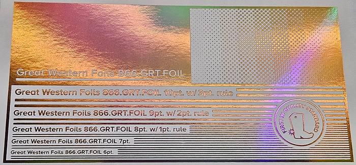 Great Western 920 foil stamped on a test card showing fine-line rules and a halftone ramp