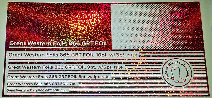 Great Western 947 foil stamped on a test card showing fine-line rules and a halftone ramp