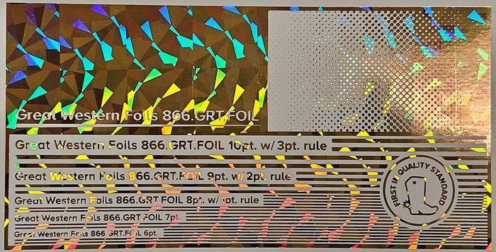 Great Western 955 foil stamped on a test card showing fine-line rules and a halftone ramp