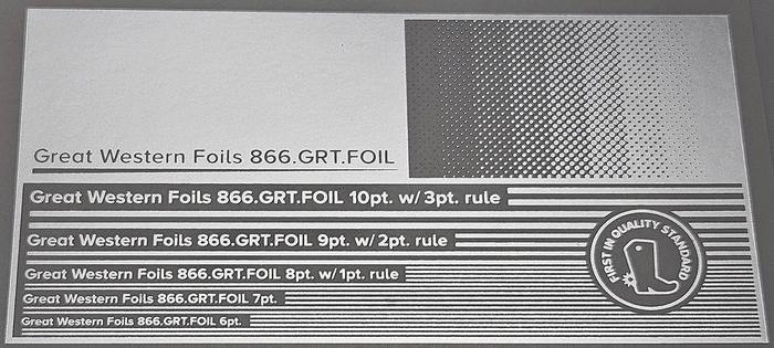 Great Western MM113 foil stamped on a test card showing fine-line rules and a halftone ramp