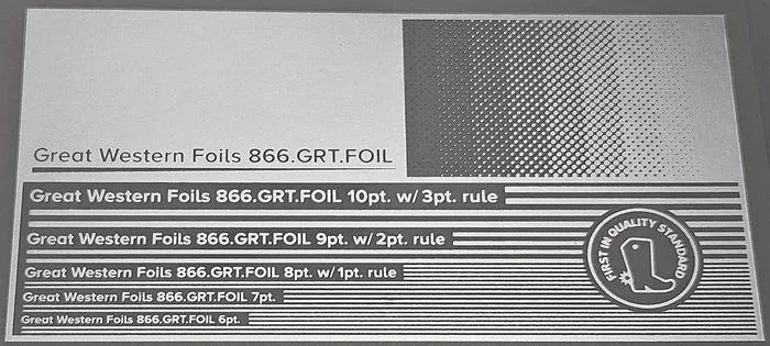 Great Western MM113 foil stamped on a test card showing fine-line rules and a halftone ramp