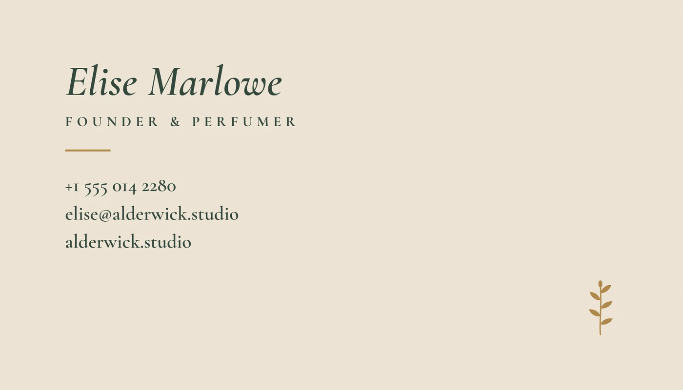 Back of the example card: Elise Marlowe's name and contact details in green letterpress