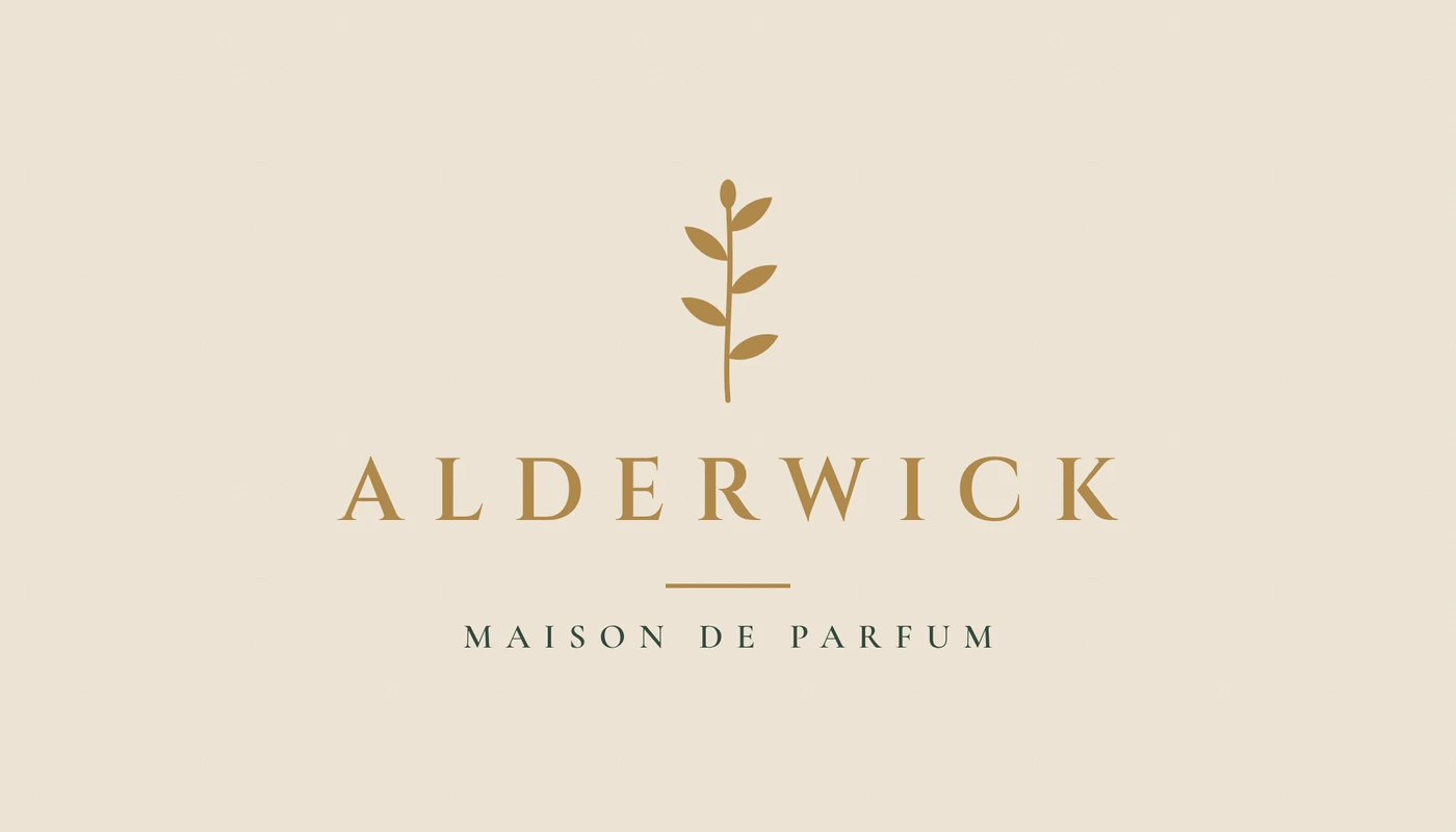 Front of the example card: Maison Alderwick wordmark and sprig in gold foil